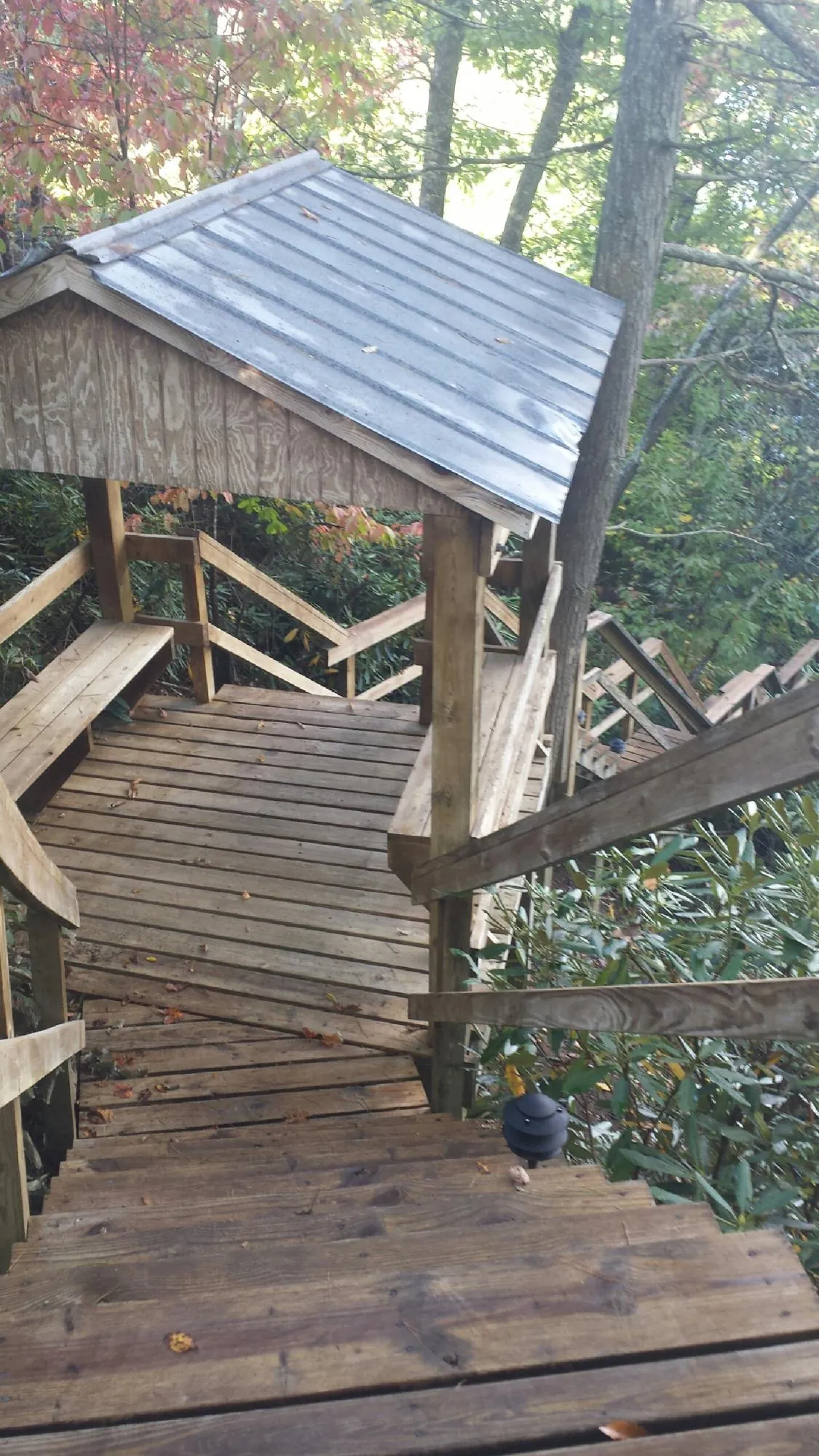 Metal roofed shelter over wooden steps on a wooded walkway — Skylight Repair & Installation work by our crew in Bluefield